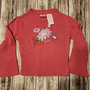 Vintage Barbie Girls Sweater, embroidered Flowers, flare sleeves, ribbed waist